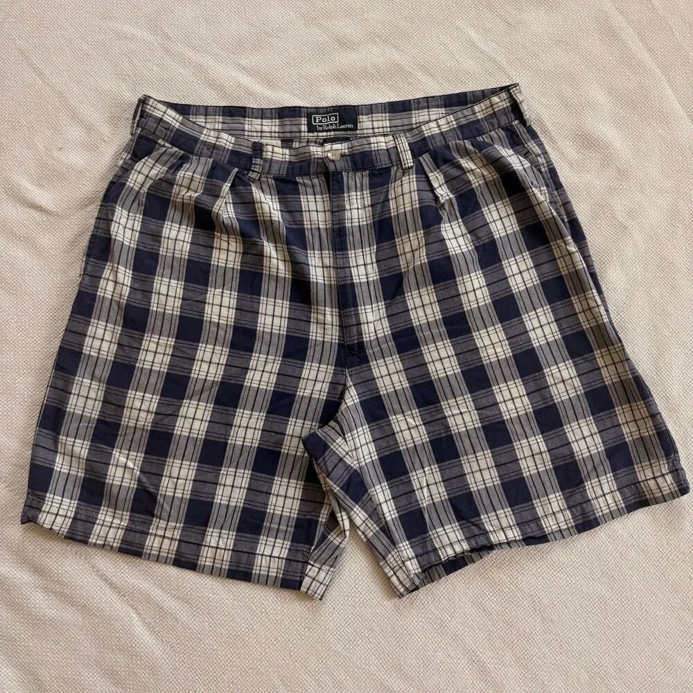 Polo Ralph Lauren Blue White Plaid Cotton Shorts Size 36 Vintage Men’s Golfwear